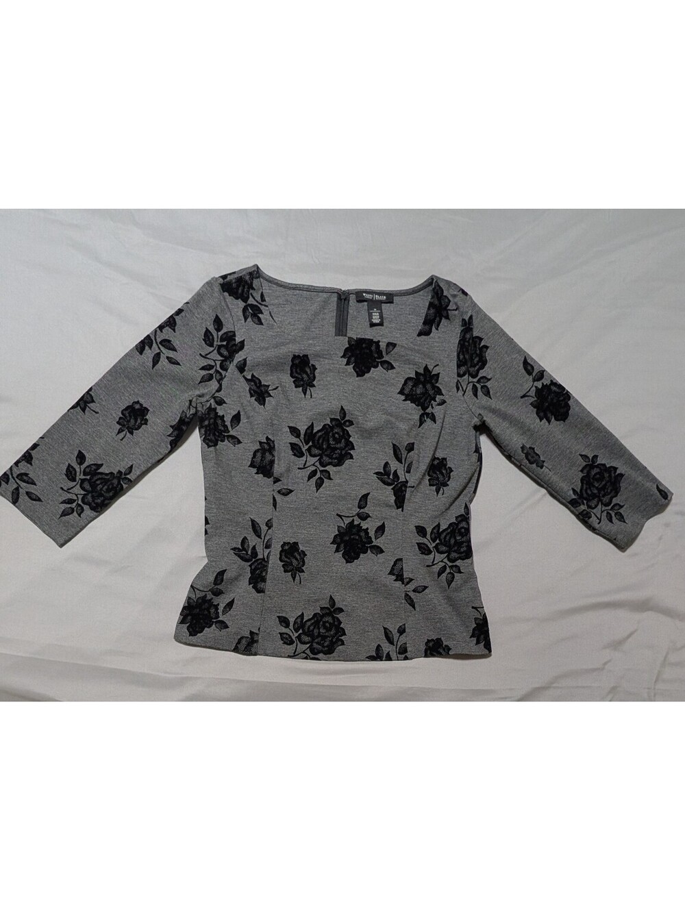White House Black Market Grey Floral Velvet Flocked Square Neck Top Size 10